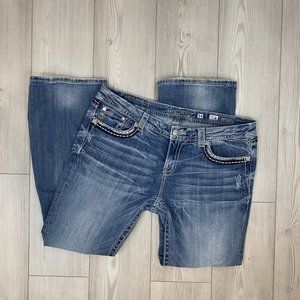 Womens Miss Me 34 Easy Boot Cut Distressed Jeans Flap Pocket Jeweled - 33 Inseam